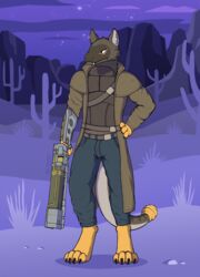  2021 anthro armor artist_name belt blue_bottomwear blue_clothing blue_jeans blue_pants body_armor bottomwear brown_body brown_clothing brown_coat brown_fur brown_topwear cactus canid canine canis claws clothed clothing cloud coat colored coyote denim denim_bottomwear denim_clothing detailed_background fallout fan_character fur grass hale_(wolfarion) hi_res hybrid jeans laser_rifle looking_aside male mammal microsoft multicolored_body multicolored_fur night night_stalker_(fallout) pants pit_viper plant ranged_weapon reptile rock scalie shaded sky snake solo standing star starry_sky teeth topwear viper weapon wolfarion yellow_body yellow_fur 