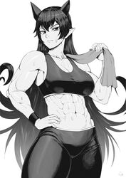  abs absurdres azazel_ameri bare_shoulders breasts closed_mouth commission crop_top female greyscale highres large_breasts leggings long_hair mairimashita!_iruma-kun midriff monochrome muscular muscular_female navel pointy_ears solo speedl00ver sweat tank_top towel very_long_hair 