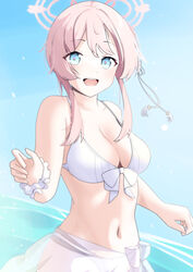  absurdres bikini blue_archive blue_eyes blush breasts cleavage cosmos_(rea1ityc0sm0s) female hair_bun hair_ornament halo highres large_breasts long_hair looking_at_viewer mimori_(blue_archive) mimori_(swimsuit)_(blue_archive) navel official_alternate_costume pink_hair sidelocks smile solo stomach swimsuit white_bikini 