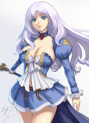  2021 annelotte_(queen&#039;s_blade) belt blue_eyes breasts brooch cape choker cleavage commentary_request detached_collar eiwa female holding holding_sword holding_weapon jewelry juliet_sleeves knight_princess_annelotte large_breasts long_hair long_sleeves navel official_art puffy_sleeves purple_hair queen&#039;s_blade queen&#039;s_blade_rebellion signature skirt smile solo standing sword weapon 