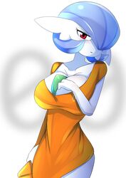  absurdres ashraely bad_id bad_pixiv_id blue_hair blush bob_cut bracelet breasts cleavage closed_mouth clothed_pokemon collarbone colored_skin cowboy_shot dress dress_tug english_commentary eyebrows eyelashes female gardevoir hair_over_one_eye hand_on_breast hand_on_own_chest hand_up highres huge_breasts jewelry large_breasts legs_together light_blush looking_at_viewer nervous orange_dress pokemon pokemon_(creature) red_eyes shiny_skin short_dress short_hair short_sleeves simple_background solo sweat wavy_mouth white_background white_skin 