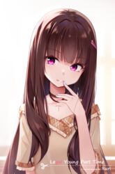  ai_floverse blue_nails brown_hair brown_shirt clothes_pin cross cross_necklace female finger_to_mouth hair_ornament hairclip head_tilt jewelry long_hair necklace off_shoulder original pink_eyes shirt sidelocks smile solo tsurime upper_body window 