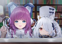  2girls absurdres animal_ears antenna_hair azur_lane blue_eyes book bookshelf coat commentary double_bun fake_animal_ears fur_coat glass_writing hair_bun hair_ornament hair_over_one_eye hat highres indoors kiev_(azur_lane) lamp long_hair multiple_girls one_eye_covered open_mouth purple_hair red_eyes smile soar_sora222 tashkent_(azur_lane) twintails white_coat white_hair window 