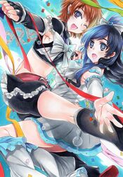  2girls :d ;d absurdres bike_shorts black_gloves black_skirt blue_eyes blue_hair confetti crop_top cure_black cure_white dark_blue_hair detached_sleeves dress earrings fingerless_gloves fingernails frilled_skirt frills futari_wa_precure gloves grey_dress heart heart_earrings highres holding_hands jewelry long_hair long_sleeves magical_girl miniskirt misumi_nagisa multiple_girls one_eye_closed open_mouth orange_hair precure purple_eyes rozarin short_hair shorts shorts_under_skirt skirt smile traditional_media yukishiro_honoka 