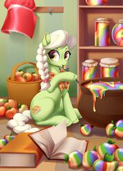  2019 aged_down amber_eyes apple basket bonnet book braided_hair braided_ponytail braided_tail cauldron clothing container cowl cutlery digital_media_(artwork) equid equine female feral food friendship_is_magic fruit fur granny_smith_(mlp) green_body green_fur hair hasbro headgear headwear hi_res hooves horse jar jelly_(food) kitchen_utensils kyotoleopard mammal my_little_pony plant pony ponytail rainbow scarf shaded sitting solo spoon tail tools unguligrade white_hair yellow_eyes zap_apple zap_apple_jam 