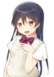  blue_hair blush bow bowtie commentary female hair_between_eyes hand_up long_hair looking_at_viewer love_live! love_live!_school_idol_project open_mouth otonokizaka_school_uniform red_bow red_bowtie school_uniform short_sleeves simple_background skull573 smile solo sonoda_umi striped_bow striped_bowtie striped_clothes summer_uniform white_background yellow_eyes 