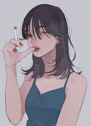  black_hair blue_camisole camisole cigarette commentary female grey_background hand_up heart highres holding holding_cigarette long_hair looking_at_viewer open_mouth original red_nails simple_background solo symbol-only_commentary tami_moon upper_body 