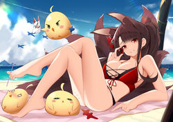  absurdres aircraft airplane akagi_(azur_lane) akagi_(paradise_amaryllis)_(azur_lane) animal_ears azur_lane barefoot beach beach_towel between_toes bikini blue_sky blunt_bangs breasts brown_hair catnnn chinese_commentary cloud commentary crossed_legs drinking_straw feet female flower fox_ears fox_girl fox_mask fox_tail front-tie_bikini_top front-tie_top full_body hair_flower hair_ornament highres holding knees_up large_breasts long_hair looking_at_viewer lying manjuu_(azur_lane) mask multiple_tails official_alternate_costume on_back outdoors parted_lips ponytail red_bikini red_flower red_hair sand sky spider_lily swimsuit tail thighs towel 