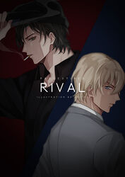  2boys absurdres adjusting_clothes adjusting_headwear akai_shuuichi amuro_tooru arm_up artist_name black_hair black_headwear black_shirt blonde_hair blue_background blue_eyes blurry chitose_(chitose_70207) cigarette closed_mouth collarbone collared_shirt commentary_request depth_of_field english_text from_side green_eyes grey_jacket hair_between_eyes hat highres jacket looking_at_viewer male_focus meitantei_conan mouth_hold multiple_boys profile red_background serious shirt short_hair smoke smoking split_screen two-tone_background upper_body white_shirt 