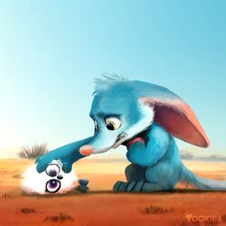  1:1 2019 ambiguous_gender baby_albatross_(bilby) bandicoot beak bilby bilby_(dreamworks) black_beak blue_body blue_ears blue_fur blue_tail clear_sky dated day desert dessert detailed_background digital_media_(artwork) digital_painting_(artwork) duo food fur grass hi_res male mammal marsupial on_ground outside perry_(bilby) pink_ears pink_eyes pink_inner_ear pink_nose plant signature sky tail white_body white_fur yellow_eyes yookie 