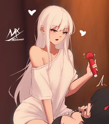  2girls :d ^^^ angel_girl_(shimmer) artist_name black-haired_demon_girl_(shimmer) black_hair black_nails blue_eyes blurry blurry_background breasts cleavage commentary demon_girl grey_hair heart highres holding horns large_breasts long_hair multiple_girls nail_polish off_shoulder original red_horns sex_toy shimmer shirt smile symbol-only_commentary white_shirt yuri 