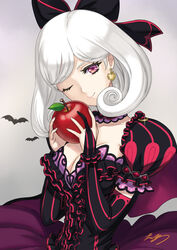  apple bat_(animal) bow cape capelet commentary_request detached_collar earrings eiwa elbow_gloves female food frills fruit glint gloves hair_ornament hair_ribbon hairbow hands_up holding jewelry juliet_sleeves layered_skirt long_sleeves looking_at_viewer official_art one_eye_closed puffy_short_sleeves puffy_sleeves purple_eyes queen&#039;s_blade queen&#039;s_blade_grimoire ribbon short_sleeves skirt smile snow_white_(queen&#039;s_blade) solo striped vertical_stripes white_hair 