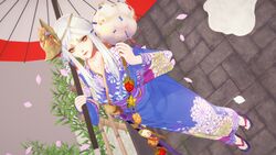  3d absurdres bad_id bad_pixiv_id chibana_(artist) cotton_candy facial_mark female food fox_mask from_above highres holding holding_food holding_umbrella inari_miketsu_(onmyoji) japanese_clothes kimono koikatsu_(medium) mask mask_on_head miketsu_(onmyoji) mole mole_under_mouth official_alternate_costume oil-paper_umbrella onmyoji outdoors petals print_kimono sandals umbrella white_hair yellow_eyes yukata zouri 