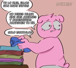  2023 anthro bear belly clothing dialogue gordi_(unicorn_wars) humanoid_hands mammal pink_body pink_eyes shirt slightly_chubby solo spanish_text text topwear translated unicorn_wars vixx137 