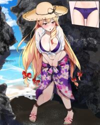  alternate_costume alternate_hairstyle bikini blonde_hair blue_sky blush breasts cleavage drill_hair drill_sidelocks embarrassed female floral_print full_body green_nails hat have_to_pee highres long_hair michinoku_(michino934) ocean outdoors panties purple_bikini purple_panties purple_sarong rock sarong shirt sidelocks sky solo standing sun_hat swimsuit tied_shirt touhou touhou_lostword underwear white_shirt yakumo_yukari yakumo_yukari_(boundary_of_sand_and_sea) yellow_eyes 