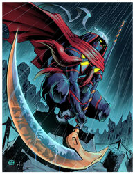  armor black_armor border cape commentary dated debris destruction donatello_(tmnt) duhdude english_commentary glowing glowing_eyes helmet highres holding holding_scythe holding_weapon japanese_armor kabuto_(helmet) leonardo_(tmnt) michelangelo_(tmnt) ninja outdoors rain raphael_(tmnt) red_cape red_hair reflection robot rubble ruins samurai scythe signature slashuur_(tmnt) squatting teenage_mutant_ninja_turtles teenage_mutant_ninja_turtles_(2003) water_drop weapon white_border yellow_eyes 