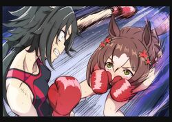  2girls air_shakur_(umamusume) alternate_costume animal_ears black_border black_hair black_shorts black_sports_bra border boxing boxing_gloves breasts brown_hair clenched_teeth clover_hair_ornament collarbone commission constricted_pupils covered_mouth dempsey_roll eye_contact fine_motion_(umamusume) green_eyes hair_ornament hajime_no_ippo highres horse_ears horse_girl horse_tail long_hair looking_at_another mafty motion_blur multiple_girls parody punching shorts skeb_commission small_breasts speed_lines sports_bra sweat tail teeth umamusume 