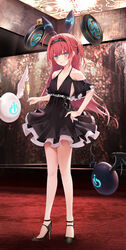  ahoge bare_shoulders black_dress black_footwear black_hairband black_ribbon blue_eyes blush chinese_commentary clothing_cutout commentary_request dress eyebrows_hidden_by_hair female full_body grin hair_ribbon hairband headgear high_heels highres indoors lishenna_omen_of_destruction long_hair looking_at_viewer pleated_dress power_symbol red_hair ribbon ru_zhai shadowverse shoes shoulder_cutout smile solo standing two_side_up very_long_hair 