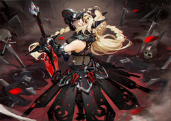  absurdres armor armored_dress blonde_hair braid braided_ponytail butt_crack circlet female from_above gauntlets han-0v0 hand_on_own_face highres holding holding_sword holding_weapon horns long_hair looking_at_viewer looking_back original red_eyes skirt skull smile solo sword thighhighs weapon 