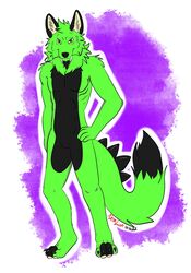  4_toes anthro belly black_belly canid canine countershading feet fox green_body harvey_kaiju hi_res hybrid kaiju male mammal muscular muscular_male neon_lion solo toes 