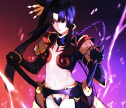  absurdres armor black_hair fate/grand_order fate_(series) female highres japanese_armor katana moedredd multicolored_eyes navel parted_bangs solo sword taira_no_kagekiyo_(fate) ushiwakamaru_(fate) weapon 