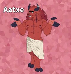  aatxe alphabet anthro barazoku basque bottomwear bovid bovid_horn bovid_satyr bovine bovine_ears bovine_hooves bovine_horn bovine_satyr bovine_tail braided_hair cattle chippybooru clothing cryptid fur hair hi_res horn lingerie loincloth male mammal monster mythology pecs red_body red_fur solo teratophilia 