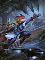  2022 3:4 anthro biped canid canine clothed clothing digital_media_(artwork) dual_wielding dutch_angle female fight fingerless_gloves flower fox fully_clothed gloves hacatiko handwear hi_res holding_object holding_weapon looking_at_viewer mammal motion_lines outside pathfinder plant role-playing_game running scarf sculpture solo statue throwing_weapon tree weapon 