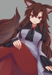  animal_ear_fluff animal_ears brooch brown_hair crossed_legs dress female grey_background hair_between_eyes hand_on_lap imaizumi_kagerou jewelry long_hair long_sleeves looking_at_viewer looking_down multicolored_clothes multicolored_dress one-hour_drawing_challenge red_eyes smile solo tail touhou wolf_ears wolf_tail wool_(miwol) 