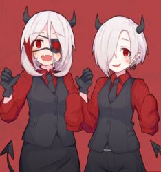  2girls :d alternate_eye_color alternate_hair_color black_gloves black_necktie black_vest blush cerberus_(helltaker) cerberus_(helltaker)_(cosplay) claw_pose collared_shirt cosplay demon_tail ear_piercing earrings eyepatch gloves hair_over_one_eye hayasaka_mirei heart heart_eyepatch helltaker horns idolmaster idolmaster_cinderella_girls jewelry long_sleeves looking_at_viewer malina_(helltaker) malina_(helltaker)_(cosplay) medium_hair multicolored_hair multiple_girls necktie oerba_yun_fang open_mouth pery_lene piercing red_background red_eyes red_hair red_shirt shirasaka_koume shirt short_hair simple_background skin_fang sleeves_past_fingers sleeves_past_wrists smile streaked_hair tail two-tone_hair vest waistcoat white_hair wing_collar 