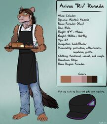  2022 anthro apron biped bottomwear bread claws clothed clothing conditional_dnp denim denim_bottomwear denim_clothing digital_media_(artwork) ear_piercing english_text faraden fluffy food fully_clothed fur hat headgear headwear hi_res jeans legacy_(ratte) long-tailed_weasel looking_at_viewer male mammal model_sheet mustelid musteline new_faraden pants piercing ratte riv_(ratte) signature smile solo text topwear true_musteline weasel 