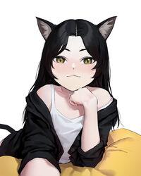  animal_ear_fluff animal_ears bad_id bad_pixiv_id bare_shoulders black_hair black_shirt blush brown_eyes cat_ears cat_girl cat_tail closed_mouth collarbone commentary dongho_kang eyebrows_hidden_by_hair female green_eyes highres long_hair looking_at_viewer lying off_shoulder on_stomach open_clothes open_shirt original parted_bangs shirt simple_background smile solo symbol-only_commentary tail upper_body white_background 