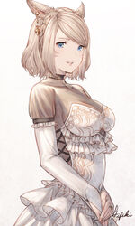  animal_ears blonde_hair breasts bridal_gauntlets cat_ears commission cowboy_shot earrings facial_mark female final_fantasy final_fantasy_xiv from_side highres ivris jewelry medium_breasts miqo&#039;te original short_hair skeb_commission solo swept_bangs warrior_of_light_(ff14) whisker_markings white_background 