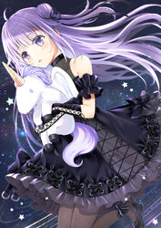  alternate_costume azur_lane bare_shoulders black_collar black_dress black_footwear black_gloves black_pantyhose black_ribbon blush collar collared_dress detached_sleeves double_bun dress female frilled_dress frilled_sleeves frills gloves hair_bun hair_ornament highres long_hair maya_(tirolpop) night open_mouth pantyhose purple_eyes purple_hair ribbon solo star_(symbol) starry_background stuffed_animal stuffed_toy stuffed_unicorn stuffed_winged_unicorn unicorn unicorn_(azur_lane) zozotown 