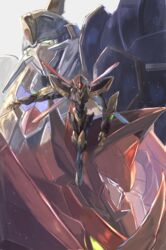  code_geass code_geass:_fukkatsu_no_lelouch crossed_legs flying guren_(code_geass) guren_type_special highres knightmare_frame lancelot_(code_geass) lancelot_sin looking_to_the_side looking_up mahoroba_type-0 mecha mechanical_wings no_humans open_hand outstretched_arm robot science_fiction solo_focus uutan_(shibainu_kakumei) v-fin wings 