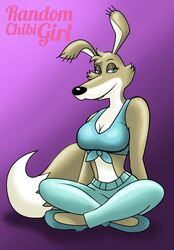  anthro bedroom_eyes blinky_bill_(series) breasts canid canine canis clothed clothing daisy_dingo digital_media_(artwork) dingo female footwear hi_res looking_at_viewer mammal narrowed_eyes randomchibigirl seductive simple_background sitting smile solo watermark 