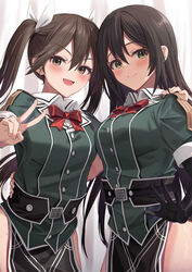  2girls black_gloves black_hair blush brown_eyes brown_hair chikuma_(kancolle) chikuma_kai_ni_(kancolle) closed_mouth commission cowboy_shot elbow_gloves gloves hair_between_eyes hair_ribbon highres kantai_collection kokenashi long_hair multiple_girls open_mouth pelvic_curtain ribbon short_sleeves skeb_commission smile tone_(kancolle) tone_kai_ni_(kancolle) twintails v white_ribbon 