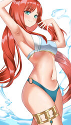  absurdres alternate_costume alternate_hairstyle armpits bare_shoulders blush breasts crop_top female genshin_impact highres katagirinanoka long_hair looking_at_viewer medium_breasts navel nilou_(genshin_impact) o-ring o-ring_bottom red_hair sideboob smile solo stomach thighlet thighs twintails 