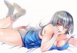  ass bare_arms bare_shoulders bed_sheet blue_shirt breasts cleavage closed_mouth female grey_hair grey_panties grey_socks hair_between_eyes hand_up highres idolmaster idolmaster_cinderella_girls large_breasts lips long_hair lying on_stomach orange_eyes panties pink_lips rozarin shirt socks solo takamine_noa tank_top the_pose traditional_media underwear 