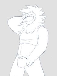  3:4 absurd_res anthro armpit_hair athletic body_hair bulge clothing crop_top crop_top_lion_(mrjosh47) digital_drawing_(artwork) digital_media_(artwork) felid hi_res holding_bulge lion male mammal mane mrjosh47 pantherine presenting pubes pubes_exposed pulling_pants_down sharp_tooth shirt smile smirk snaggle_tooth solo topwear 