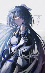  absurdres arknights black_dress blue_eyes character_name dress eyepatch female gloves grey_background hair_over_one_eye hand_up hat highres hiyaori_(hiyahiyaval) looking_at_viewer nurse_cap short_hair simple_background solo two-tone_dress upper_body whisperain_(arknights) white_dress white_gloves white_hat 