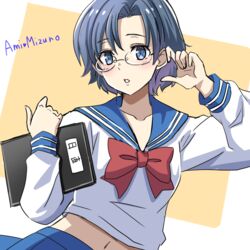  bishoujo_senshi_sailor_moon blue_eyes blue_hair blue_sailor_collar blue_skirt blush bow chanmarorux character_name collarbone commentary female glasses hand_up juuban_middle_school_uniform long_sleeves midriff mizuno_ami navel notebook pleated_skirt red_bow sailor_collar school_uniform serafuku shirt short_hair skirt solo white_shirt 