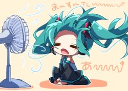  aosaki_yato aqua_hair aqua_necktie bare_shoulders black_legwear black_sleeves chibi closed_eyes commentary detached_sleeves electric_fan fan_speaking female floating_hair forehead grey_shirt hair_ornament hatsune_miku headphones headset highres long_hair necktie open_mouth orange_background seiza shirt sitting sleeveless sleeveless_shirt solo translated twintails very_long_hair vocaloid wind 