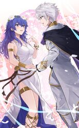  1boy bare_shoulders black_cape blue_eyes blue_hair blush bracelet breasts brown_eyes cape commentary_request commission dress female fingernails fire_emblem fire_emblem_awakening fire_emblem_heroes flower gladiator_sandals gloves gold_footwear hair_between_eyes head_wreath holding_hands jewelry long_hair long_sleeves looking_at_another lucina_(fire_emblem) lucina_(valentine)_(fire_emblem) medium_breasts official_alternate_costume pants pink_nails profile robin_(fire_emblem) robin_(male)_(fire_emblem) robin_(male)_(groom)_(fire_emblem) sandals short_hair side_slit skeb_commission sleeveless sleeveless_dress smile suit teeth upper_teeth_only white_dress white_flower white_gloves white_hair white_pants white_suit yuuri_(orz_commushows) 