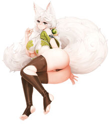  animal_ear_fluff animal_ears ass barbariank bare_shoulders black_panties black_thighhighs braid breasts brown_eyes cloud_print commentary english_commentary female fox_ears fox_girl fox_shadow_puppet fox_tail full_body highres kantai_collection kemonomimi_mode large_breasts large_tail long_hair no_shoes panties short_sleeves simple_background single_braid smile solo stirrup_legwear tail thighhighs toeless_legwear toes underboob underwear unryuu_(kancolle) white_background white_hair 