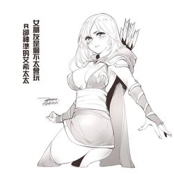  animification arrow_(projectile) ashe_(league_of_legends) ass breasts bridal_gauntlets closed_mouth dated dress ejami female greyscale hood league_of_legends long_hair looking_at_viewer monochrome signature simple_background solo thighhighs white_background 