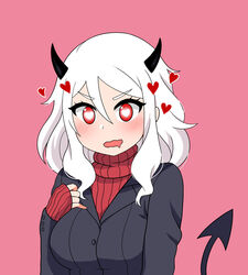  black_horns black_suit blush breasts demon_girl demon_horns demon_tail drooling female formal heart heart-shaped_pupils helltaker highres horns large_breasts long_sleeves looking_at_viewer medium_hair modeus_(helltaker) mouth_drool open_mouth pink_background red_eyes red_sweater shirt simple_background sleeves_past_wrists solo suit sweater symbol-shaped_pupils tail the_only_shoe turtleneck upper_body v-shaped_eyebrows white_hair 