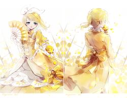  1boy allen_avadonia aqua_eyes back blonde_hair bloom bow brother_and_sister character_name crying crying_with_eyes_open dress_bow evillious_nendaiki female fence flower gloves hair_ornament hairbow hairclip hand_fan highres holding holding_fan holding_flower jacket juliet_sleeves kagamine_len kagamine_rin long_jacket long_sleeves melling_rl pale_skin parted_lips petals ponytail puffy_sleeves riliane_lucifen_d&#039;autriche rose siblings smelling_flower tears twins vocaloid yellow_flower yellow_jacket yellow_rose 