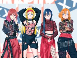  4girls armpits arms_up ayase_eli bad_id bad_pixiv_id blonde_hair blue_eyes blue_hair cosplay cowboy_shot crossed_arms fishnets highres hip_(mamamoo) hwasa_(mamamoo) hwasa_(mamamoo)_(cosplay) k-pop kosaka_honoka long_hair long_sleeves looking_at_viewer love_live! love_live!_school_idol_project mamamoo moonbyul_(mamamoo) moonbyul_(mamamoo)_(cosplay) multiple_girls nishikino_maki orange_hair paniwo photo-referenced purple_eyes red_hair solar_(mamamoo) solar_(mamamoo)_(cosplay) sonoda_umi standing translation_request wheein_(mamamoo) wheein_(mamamoo)_(cosplay) yellow_eyes 