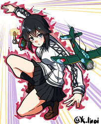  aerosmith_(stand) aircraft airplane black_eyes black_hair black_skirt black_socks blush breasts brown_footwear commentary_request female full_body hayasui_(kancolle) highres jacket jojo_no_kimyou_na_bouken kagari_liroi kantai_collection long_sleeves pleated_skirt pose short_hair skirt socks solo track_jacket twitter_username white_jacket 