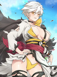  armor ass_visible_through_thighs black_cape black_choker blue_sky blush breasts cape choker cleavage cloud coat collarbone day female groin hair_between_eyes hand_on_own_hip high_collar japanese_armor japanese_clothes jewelry kinako_(mzknk0) kote large_breasts lens_flare light_particles looking_at_viewer low_neckline miyabi_(senran_kagura) obi outdoors panties pendant revealing_clothes sash senran_kagura senran_kagura_shinovi_versus short_hair sky slit_pupils smirk solo thighhighs torn_clothes torn_sleeves torn_thighhighs underwear white_coat white_hair yellow_eyes yellow_panties 